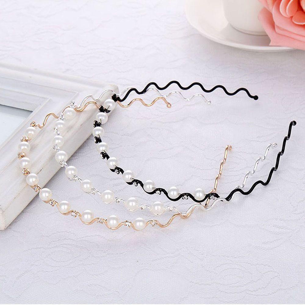 NEEDWAY Mutiara Kristal Gelombang Hairband Hadiah Aksesoris Pesta Kepala Rantai Berlian Imitasi Bling Headband Metal