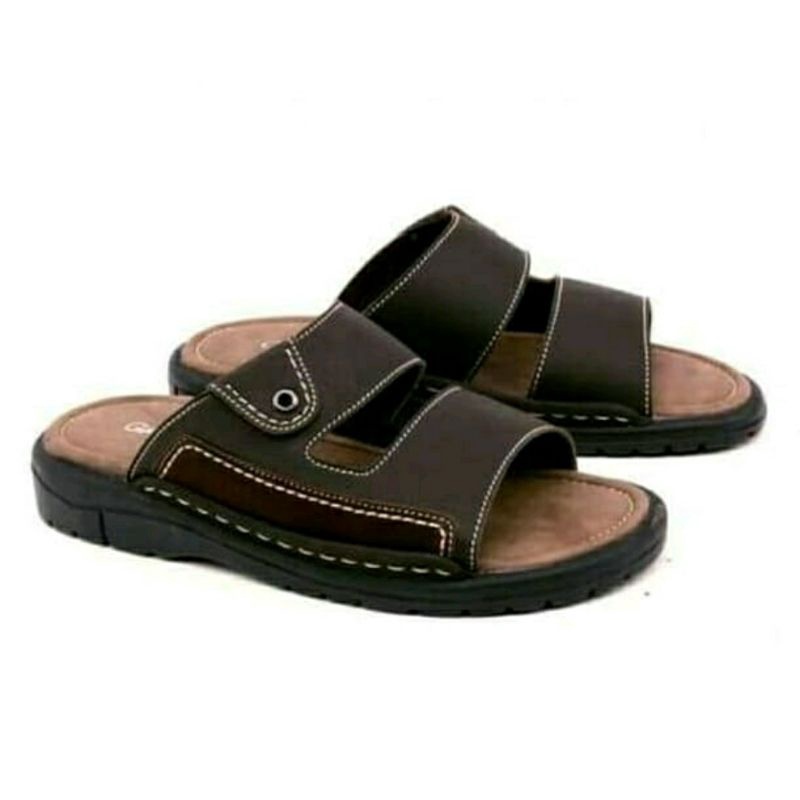 IMPOR / Sendal Slide Kulit Original Black 38-44 Sandal Kasual Bapak2 Empuk Asli Garut Brown, 43