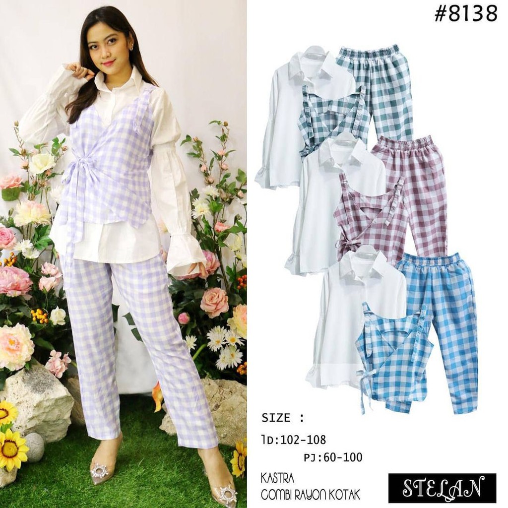Set setelan 3in 1 kemeja inner+outer+celana real pict by noozI set wanita terbaruI set casual