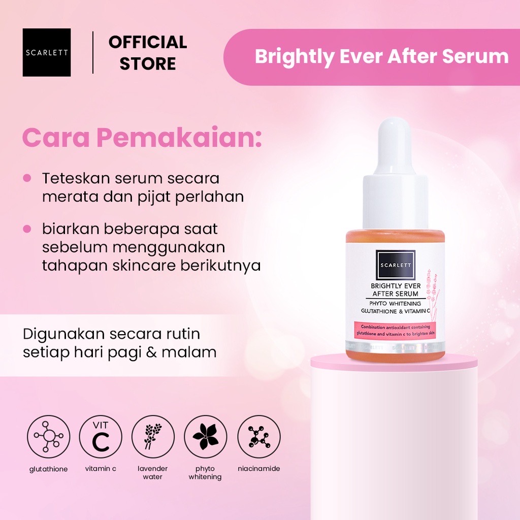 SCARLETT Whitening Brightly Series Indonesia / Brightening Ever After Skincare Mencerahkan Face Care / Cleanser Facial Wash Essence Toner Serum Day Night Eye Cream Moisturizer Sunscreen Mask / Body Shower Scrub Lotion Hair / Paket Acne Age Delay Set Wajah