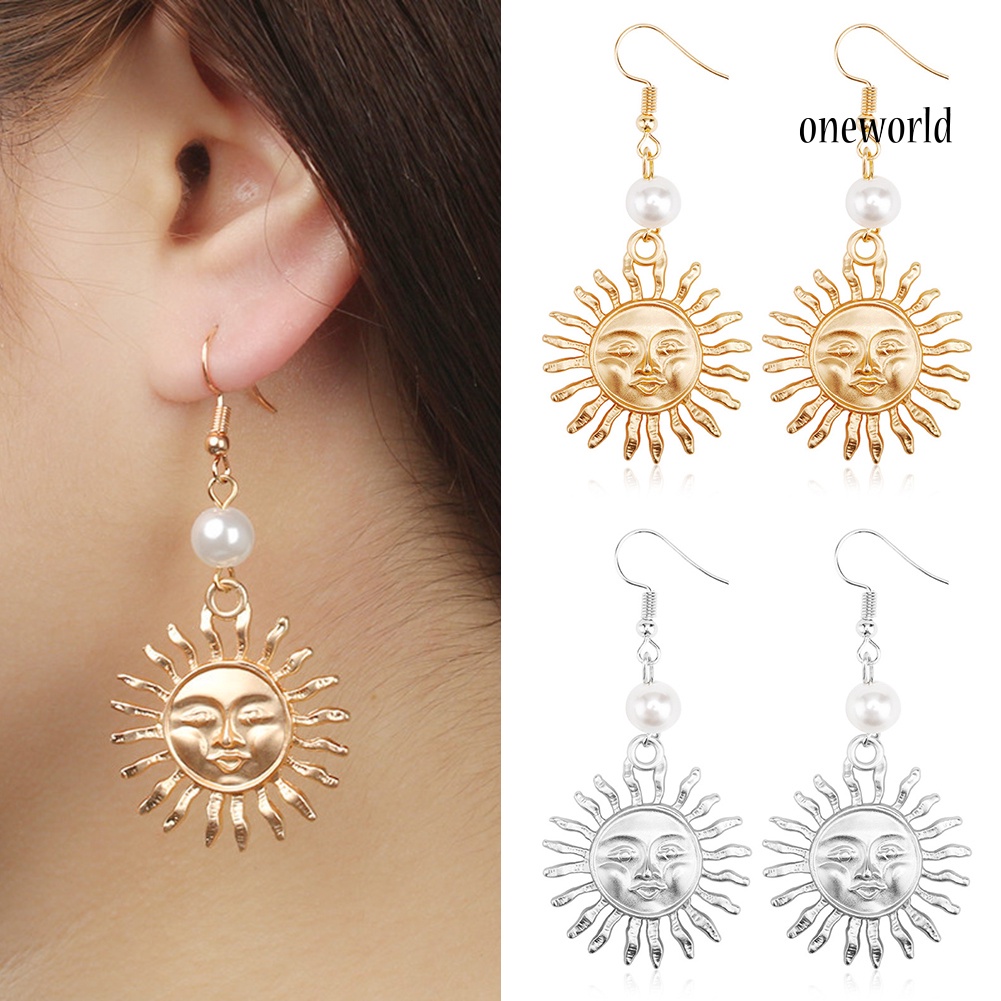 OW@ Women Fashion Sun Smiling Face Faux Pearl Drop Dangle Hook Earrings Jewelry