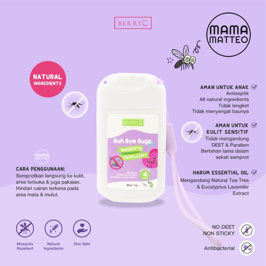 BerryC BUH BYE BUGS Mosquito Repellent dengan Antibacterial Spray 30ML / Pengusir / Anti Nyamuk Demam Berdarah untuk Anak dan Dewasa / BANDUNG