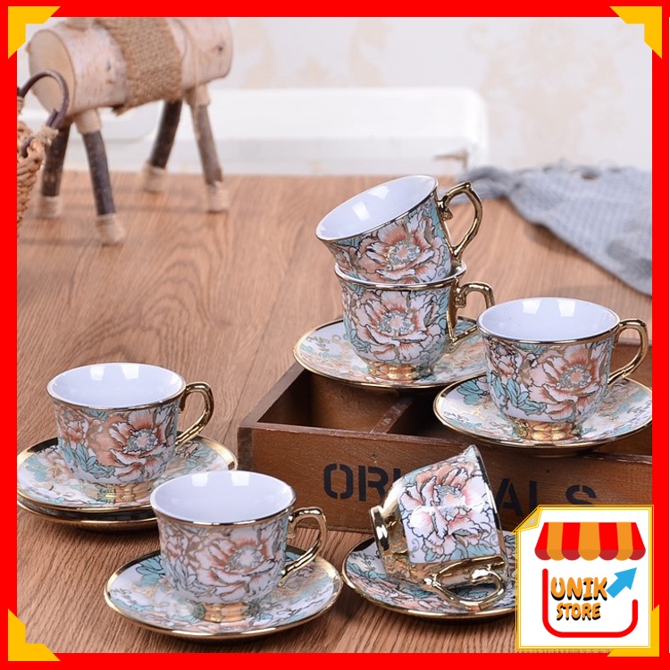 UNIK - H892 (12 PCS) Set Gelas Piring Kaca / Cangkir & Piring Keramik European Style / Gelas Kopi