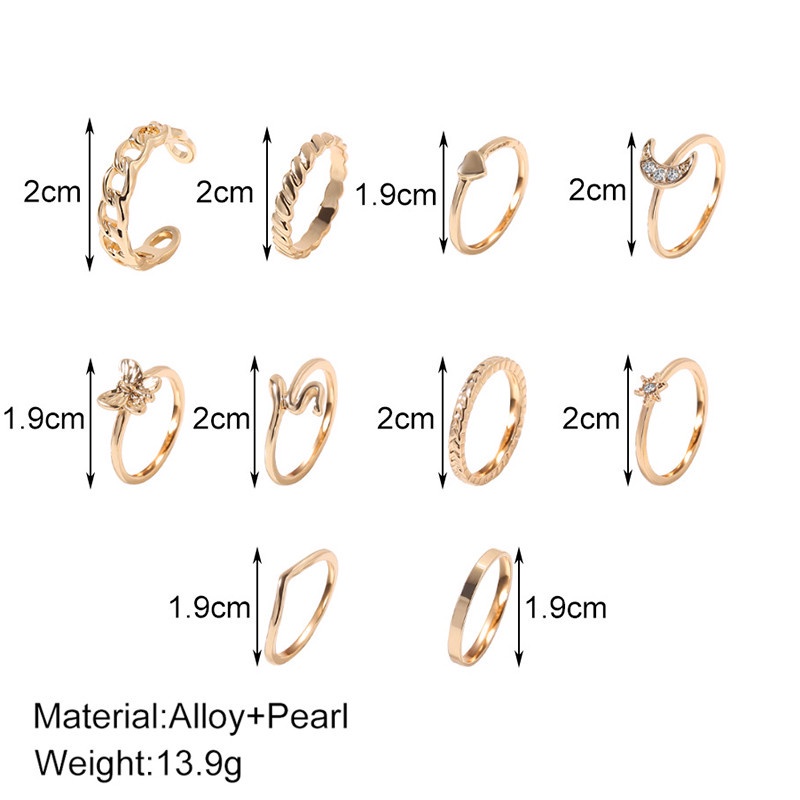 10pcs / Set Cincin Rantai Logam Bentuk Bulan Kupu-Kupu Hati Ular Aksen Berlian Gaya Retro Untuk Wanita