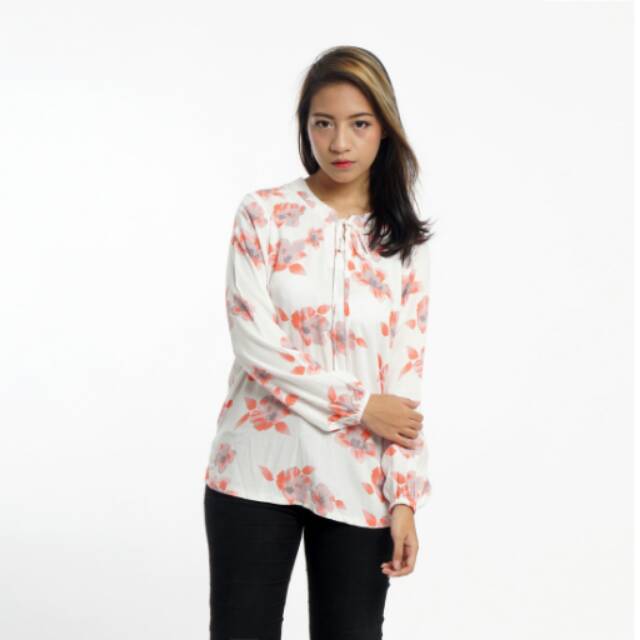 Atasan Blouse Wanita Lengan Panjang Hijab Motif Floral Pink Merah Pastel