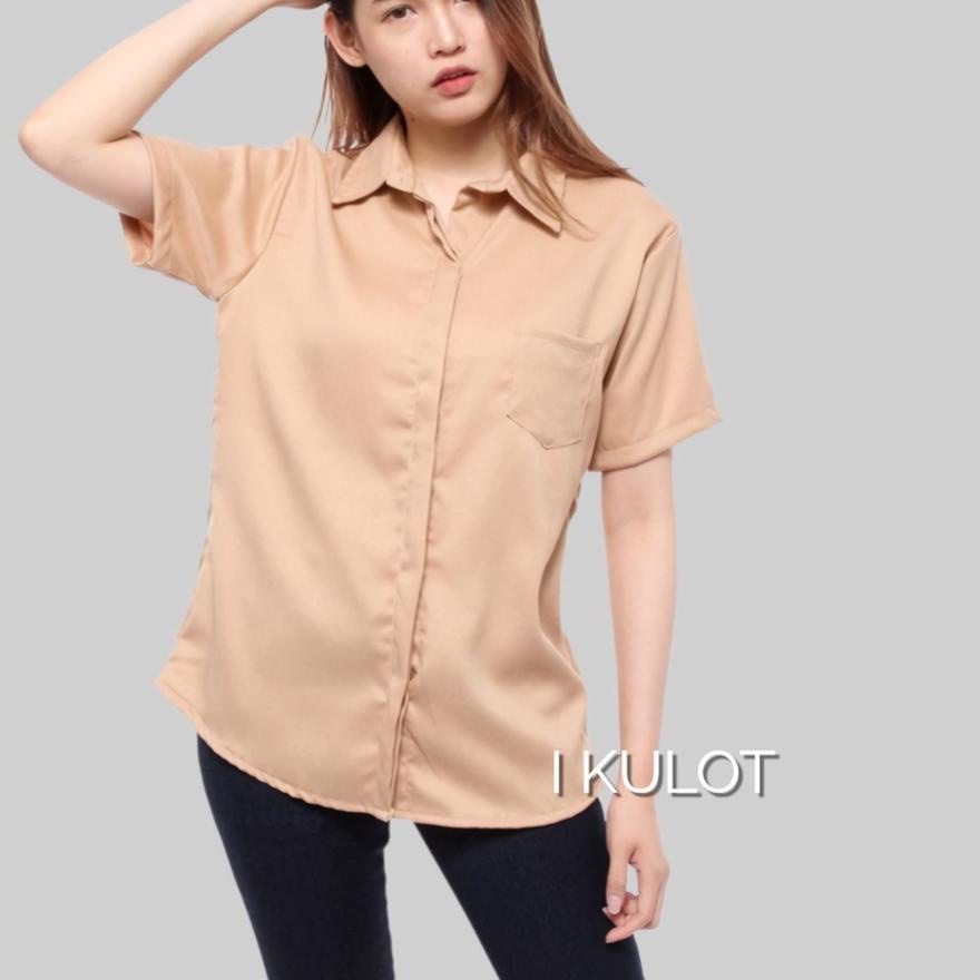 Kemeja Oversize Wanita Lengan Pendek Warna Polos Style Cewek Kekinian Baju Kerja Kantoran Terbaru