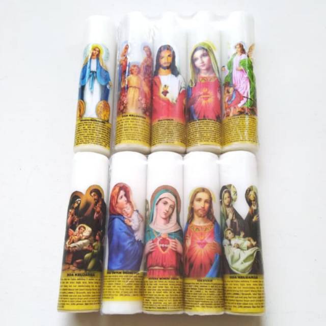 Lilin Doa Candle Gambar Rohani Maria Yesus Keluarga Kudus Tinggi 14 cm d 3,5cm Set Altar Meja Ibadah