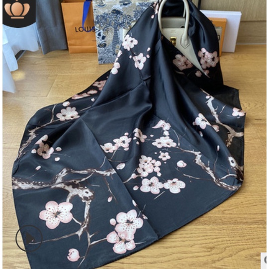 Musim Panas Syal Sutra Wanita Tipis 90*90 Satin Explosive Selendang Bernapas Fashion Jilbab Retro Klasik Syal/Musim Semi dan Musim Panas Elegan Plum Blossom 3D Chiffon Positioning Printing Fabric