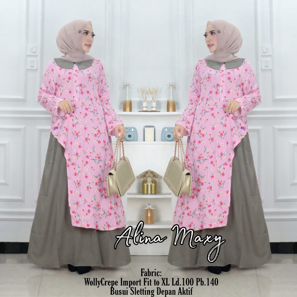 Gamis Alina Pink Motif Bunga Gamis Elegan Dress Wollycrepe Premium
