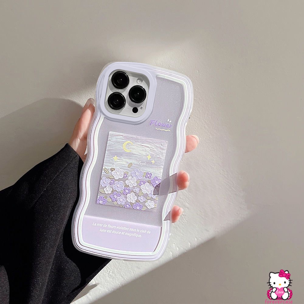 Wavy Edge Frame Casing Compatible for IPhone 11 6 6s 7 8 Plus 14 Plus 12 13 14 Pro Max XR X XS MAX 11Pro Max SE 2020 Purple Flower Art Oil Patting Soft Flowers Back Cover