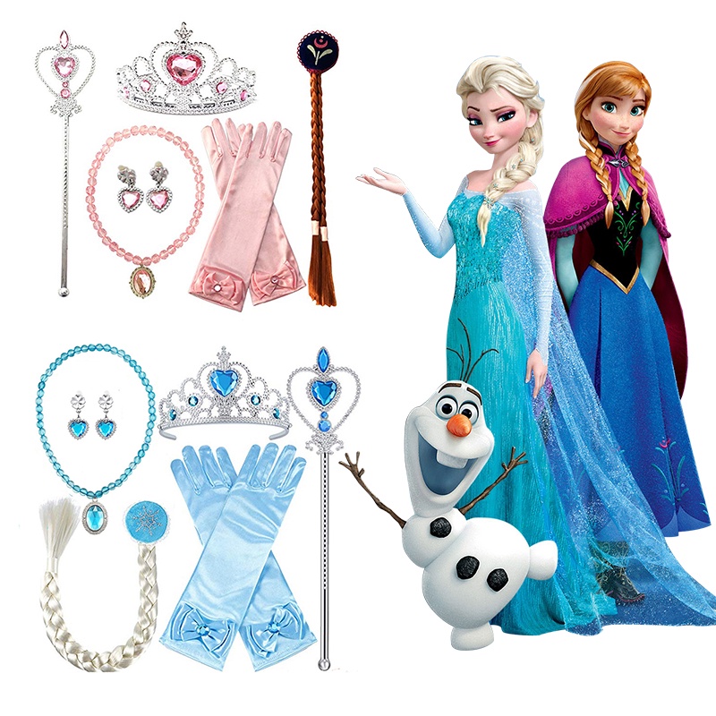 Disney Cosplay Frozen Halloween Cosplay Elsa Anna Princess Accessories Gifts Crown + Wig + Magic Wand + kalung + anting-anting + Sarung tangan