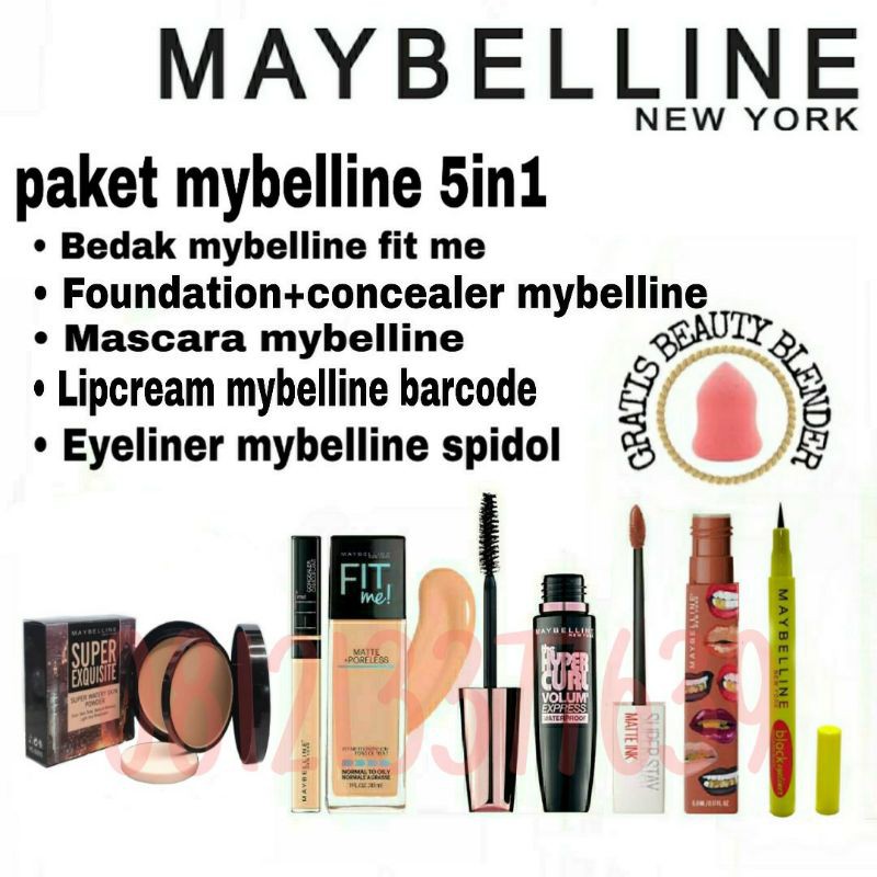 PAKET MYBELLINE 6IN1[BEDAK HITAM,FOUNDATION+CONCEALER+MASCARA+LIPCREAM + EYELINER,spon telur]