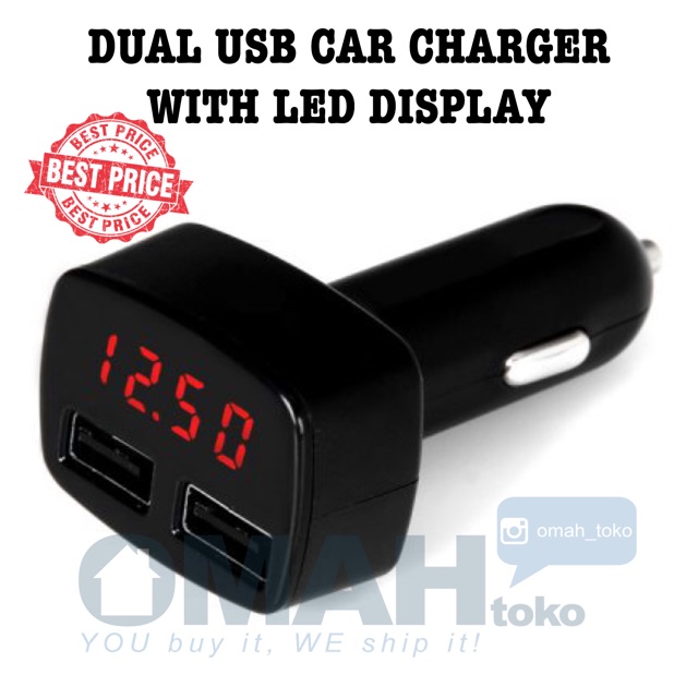 4in1 Dual USB Car Charger Mobil Dengan LED Display Cocok buat Grab Gocar Uber dan Gojek