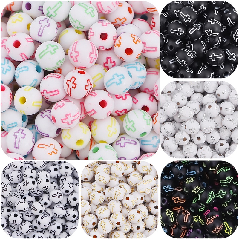 100Pcs/Lot 8mm Plastic Acrylic Round Carved Cross Beads Color Pattern Round Ball Beads for Bracelet Necklace DIY Jewelry Making