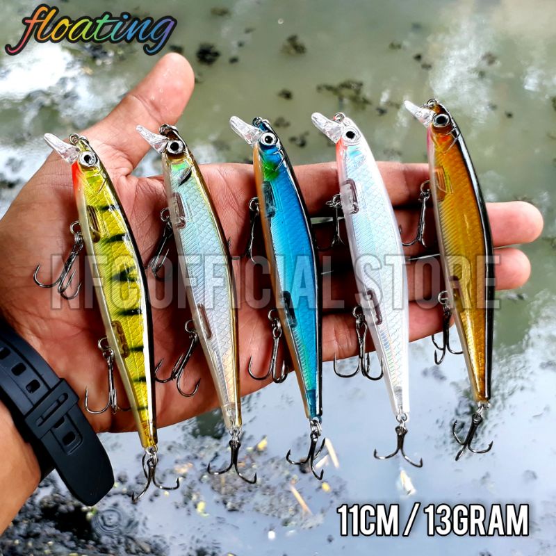 Lure minnow Floating 11cm / 13gram LONG CAST 3X Treble Hook dengan warna dan action KILLER