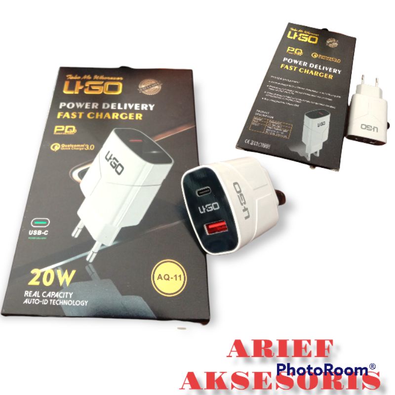 ADAPTOR BATOK UGO FAST CHARGER PD QUALCOMM 3.0 USB & C 20 W AQ-11