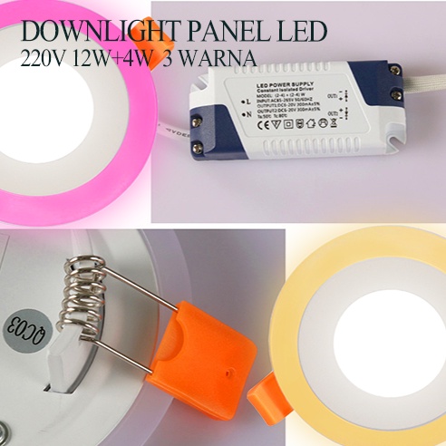 Asli Full 2 Warna 12W+4W Downlight Tengah Putih+Samping Biru Pink Kuning/Bulat Hias Downlight Panel Led