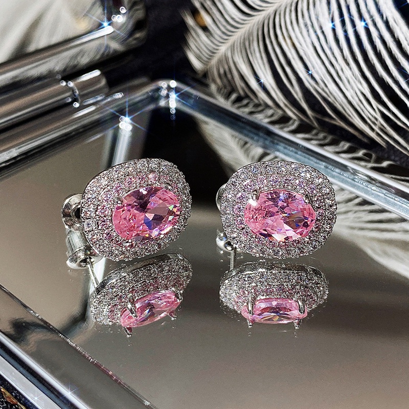 Fancyqube Anting Stud Cubic Zirconia Warna Pink Untuk Wanita