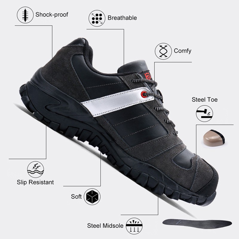 LARNMERN Men's Steel Toe Anti-smashing Safety Shoes Anti-puncture Construction Protective Work Boots Breathable Sneakers COD READY STOCK FOR JAKARTA FREE SOCKS