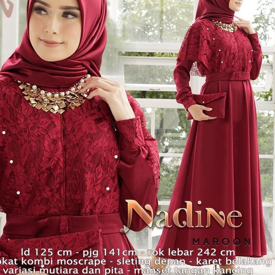 ❂ Maxi Gamis Pesta NADINE 3XL JUMBO Brukat kombi Moscrepe BUSUI Sreting Variasi Mutiara dan Pita HE6