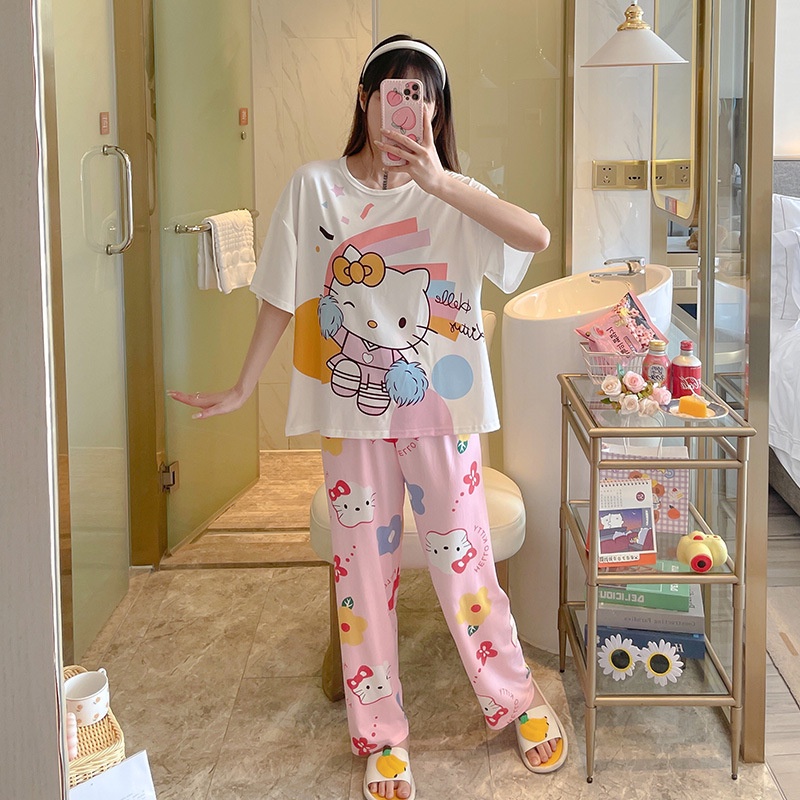 Piyama Oversize Bahan Kaos Lengan Pendek Baju Tidur Wanita pakaian tidur wanita kaos set baju tidur wanita piyama-Party Hello Kitty