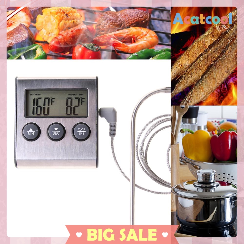 Digital Display Food Thermometer Probe Meat Timer Meter Cook Kitchen Tools