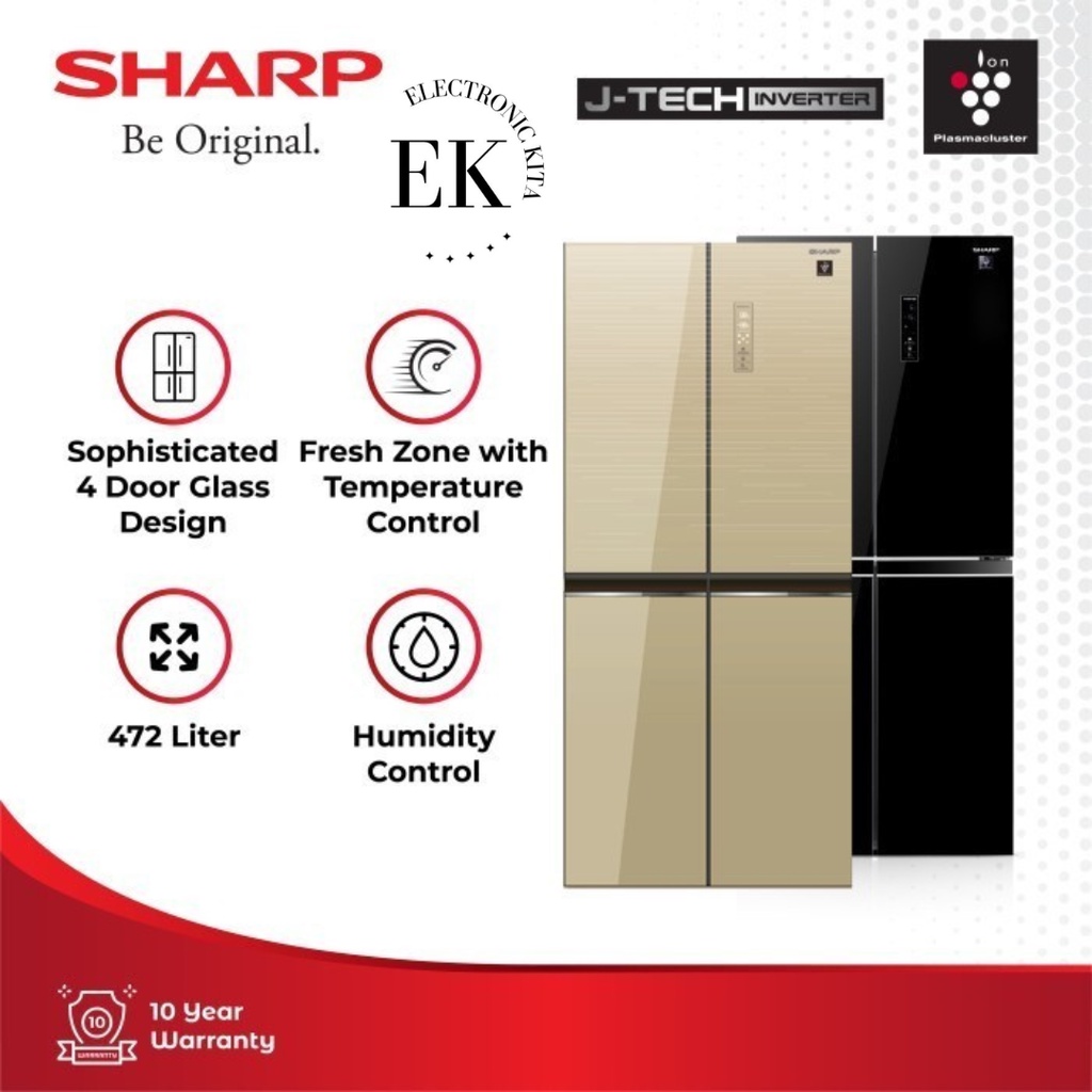 KULKAS SHARP SIDEBYSIDE 4 PINTU 472 L EMAS KACA TEMPERED GLASS SJ IF51PG CG 500 SJIF51PGCG