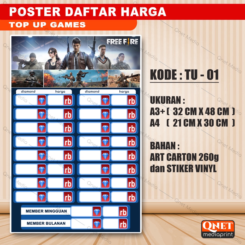 POSTER DAFTAR HARGA TOP UP GAMES + LAMINASI GLOSSY