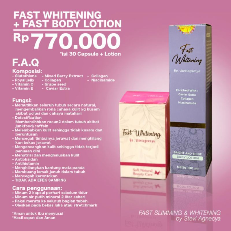 FAST WHITENING + BODY WHITENING LOTION PAKET PEMUTIH PERMANEN TANPA SUNTIK 100% AMAN MURAH ASLI