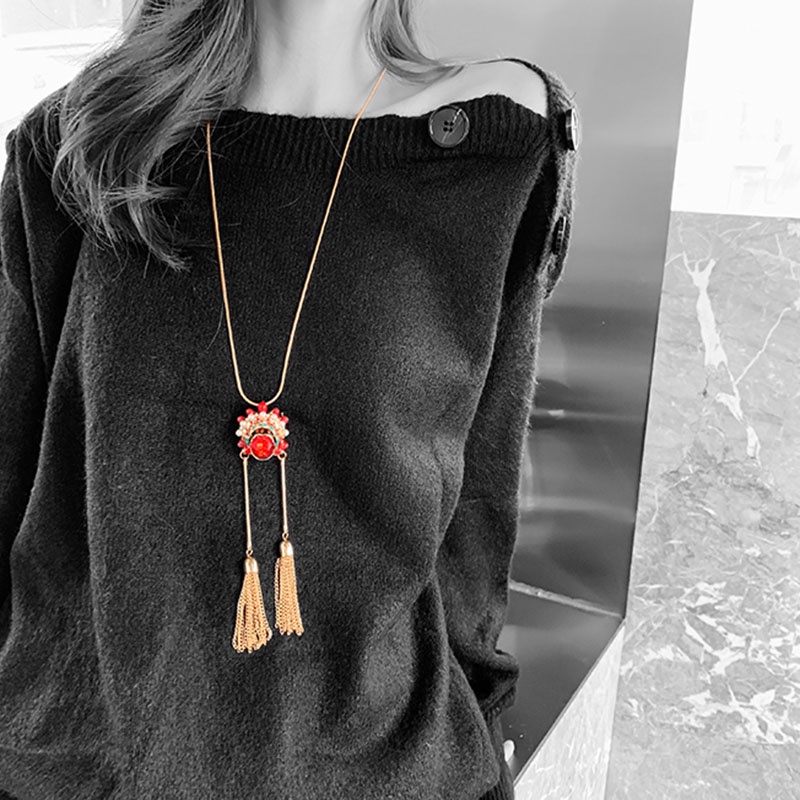 Kalung Rantai Rumbai Panjang Desain Opera Peking Gaya China Untuk Sweater