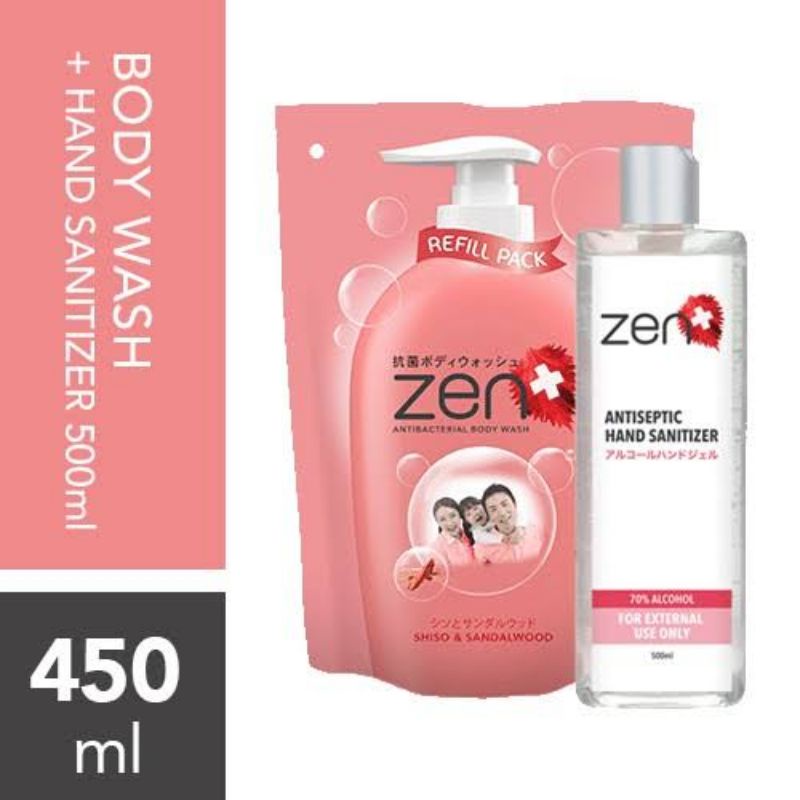 Zen Body Wash Refill 450 ml + Hand Sanitizer 500 mL TURUN HARGA !! Paket Hemat