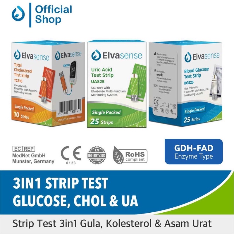 strip test 3in1 Elvasense ( gula / asam urat / kolesterol )