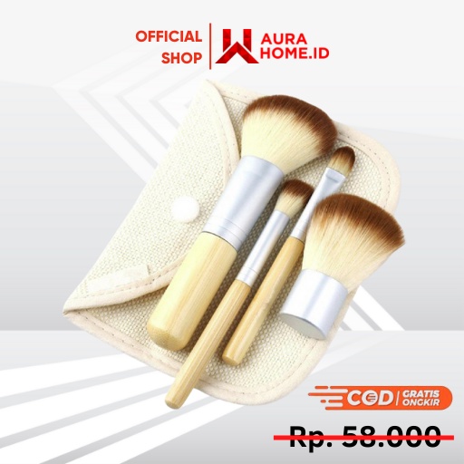 Kuas Make Up Brush Kayu 4 Set dengan Pouch / Brush Kuas Make Up Wajah 1 Set Lengkap Brush Powder Fon