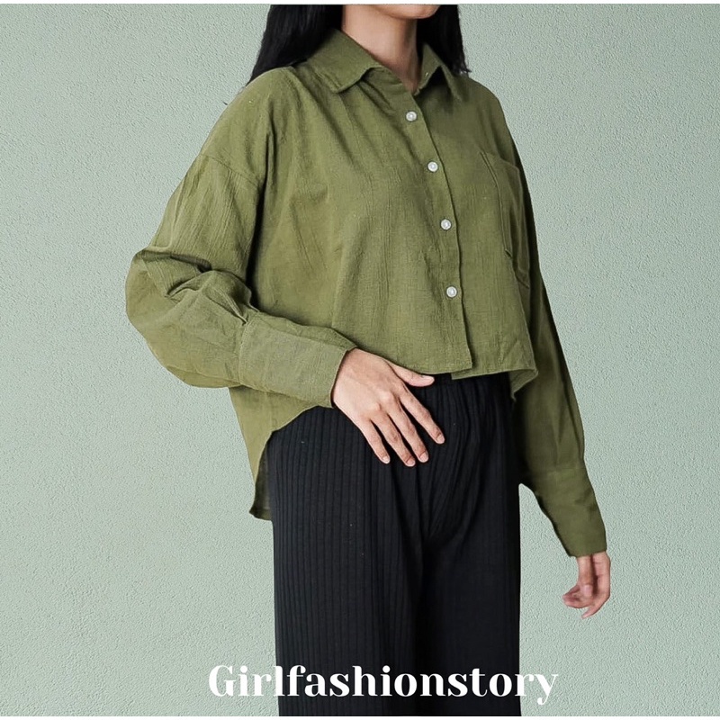 BEFAST - ZFS OOTD Wanita Kemeja Crop RINE / DAVY CRINKLE LINEN SHIRT / Kemeja Crop Wanita Remaja / Fashion Wanita Ala Korean Style / Kem Lengan Panjang / Kemeja Polos Formal / Terlaris