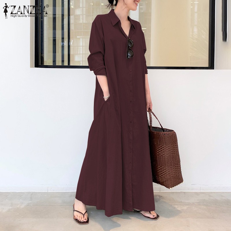 ZANZEA Women Long Sleeve Lapel Collar Split Hem Solid Color Maxi Dress