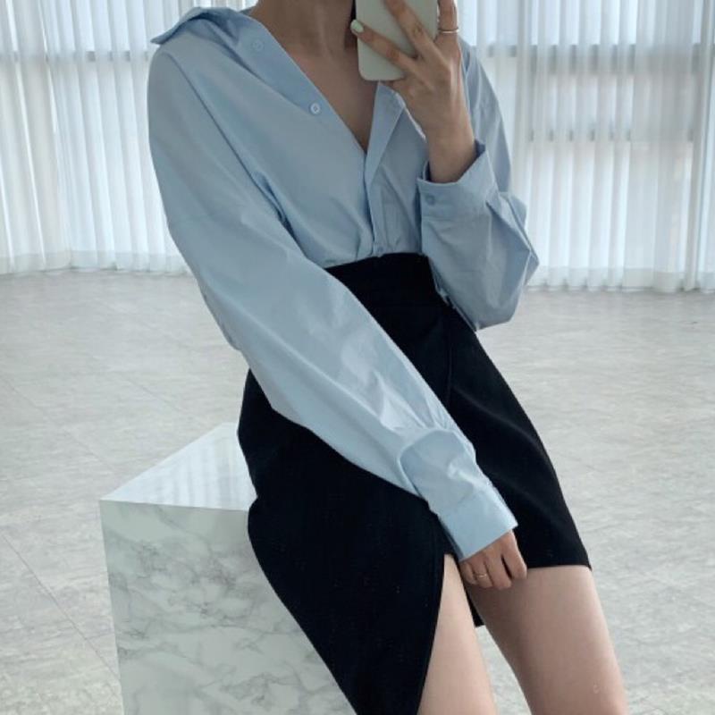 Shifon blus Korea sederhana lembut biru kerah longgar kemeja lengan puff single-breasted + pin