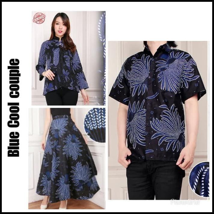 COUPLE ATASAN BLOUSE ROK PAYUNG FELICIA DAN KEMEJA BATIK PRIA - BIRU