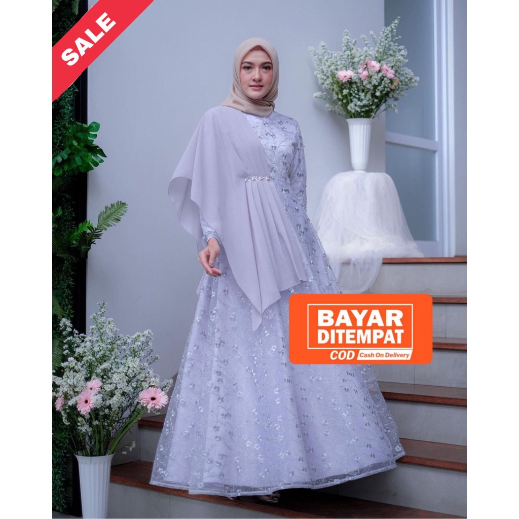 BATIK DANANJAYA - Gamis Brukat Selendang Alena Abu