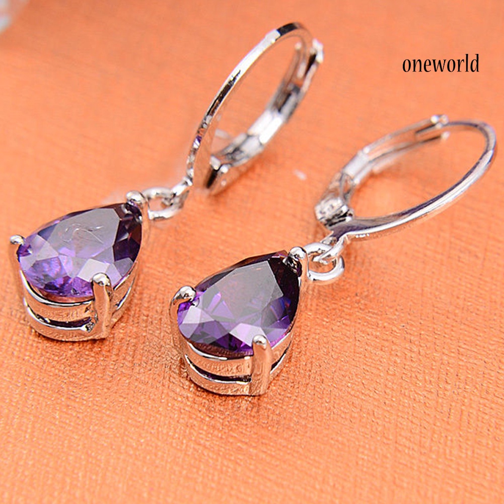 OW@ Elegant Women's Purple Rhinestone Water Drops Leverback Dangle Earrings Gift