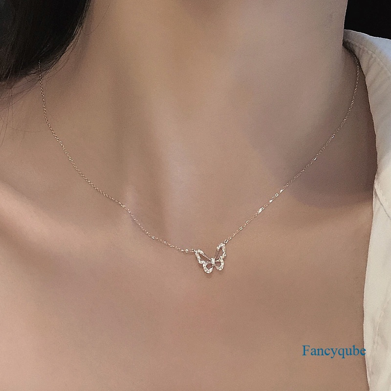 Fancyqube Kalung Choker Desain Kupu-Kupu Hollow Aksen Zircon Untuk Wanita