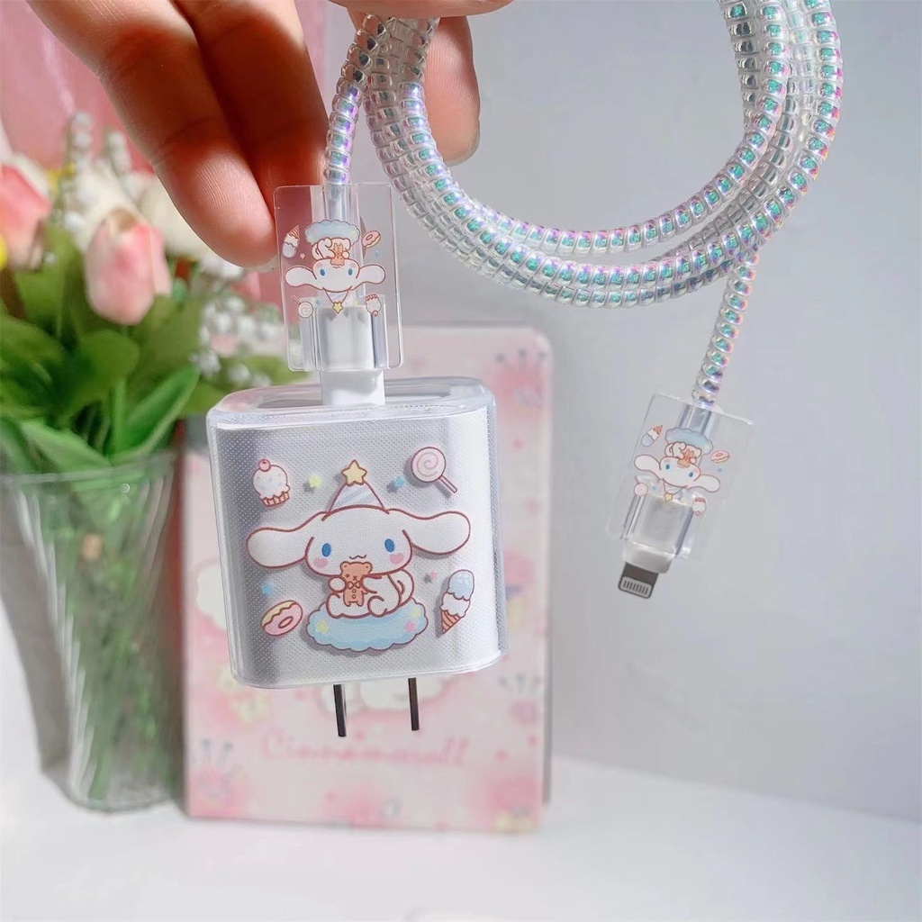 5 In 1 Pelindung Kabel Data / Charger Bahan TPU Motif Smiley + Pita Ungu + Pink Untuk Apple 18 / 20W