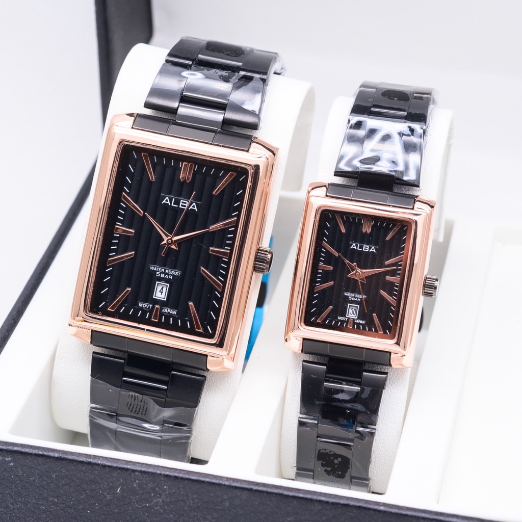COD - Jam Tangan Alba Kotak Couple Pasangan Rantai Stainless Tanggal Aktif Free Box Kancing