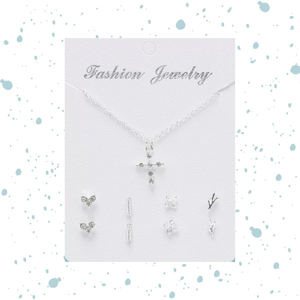 Kalung Unik Salib dan 4 set Anting Korean Style - Mini Stud - Subang Kecil - Aksesoris Wanita Tema S