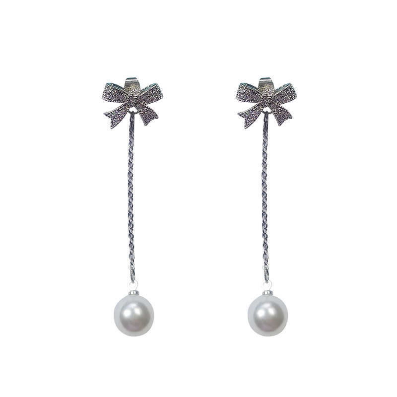 925 perak stud busur wanita Korea anting-anting panjang mutiara earbud personalized anting-anting wa