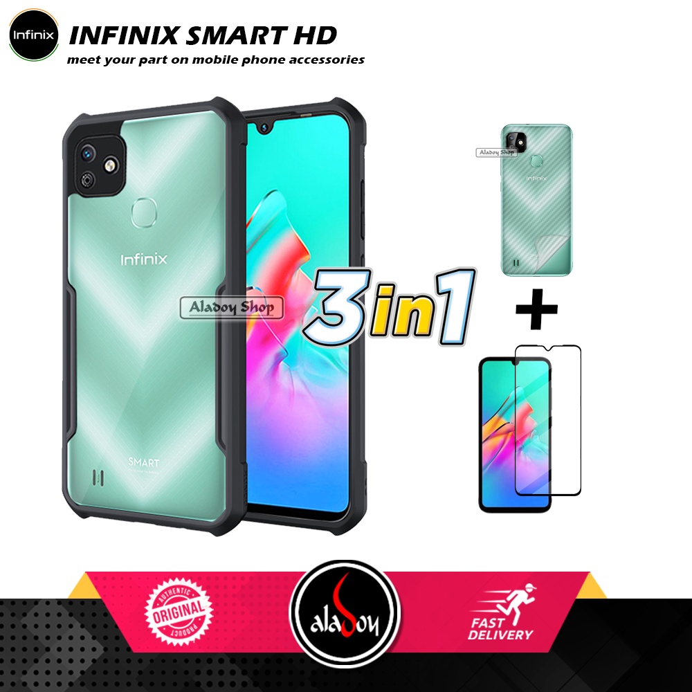 Case Infinix Smart HD Armor Fushion Transparent Casing + Tempered Glass Full Layar dan Skin Carbon