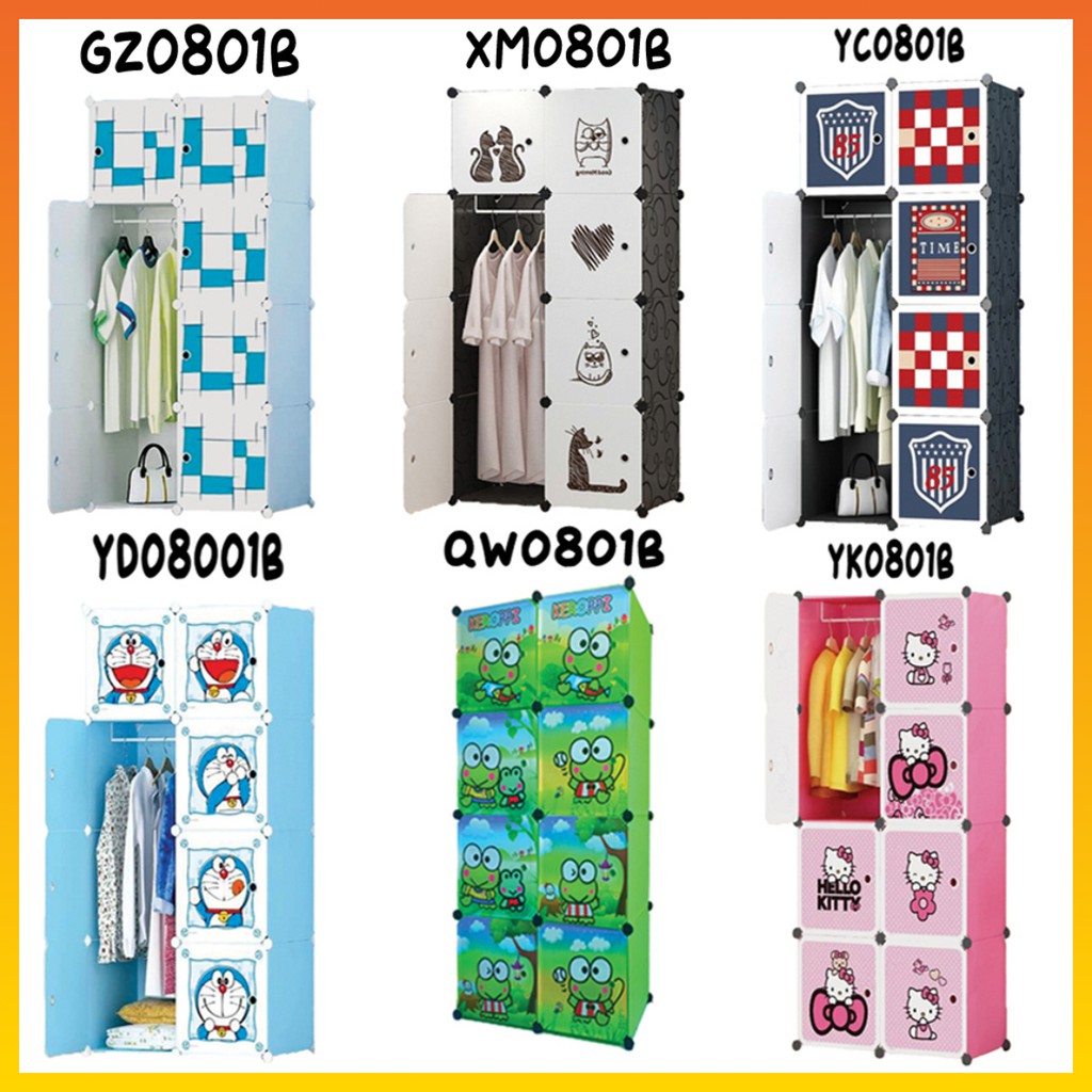 Lemari Pakaian 8 Pintu + Gantungan Baju lemari pakaian Portable Lemari Plastik Motif karakter WHFURNITURE