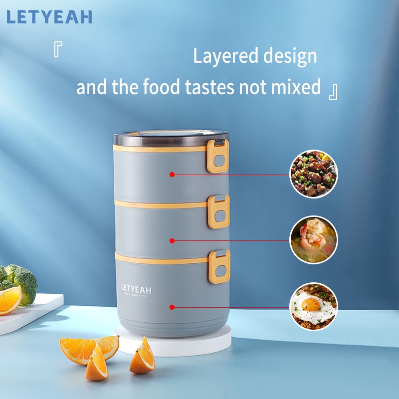 letyeah kotak makan anti tumpah / lunch box 3 susun / tempat penyimpanan makanan 2200ml / sendok gratis