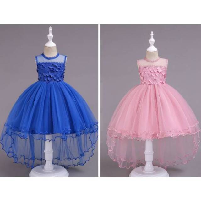 POLLY DRESS PESTA ANAK PEREMPUAN BIRU PINK / GAUN TUTU NATAL BUNGA BLUE IMPORT MURAH BAGUS