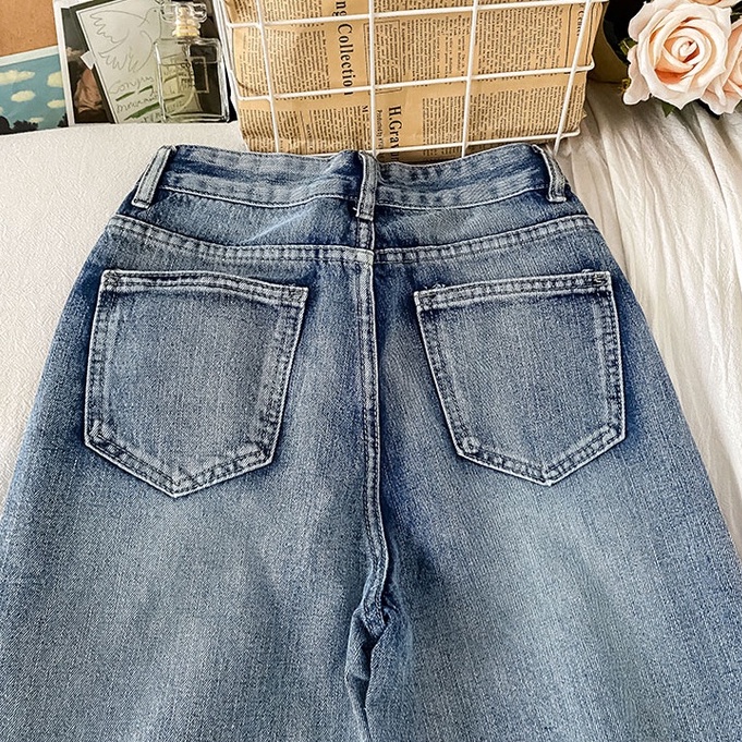 Korean Style Rawis Highwaist Lurus Loose Celana Jeans Panjang Wanita Fashionable (realpict)