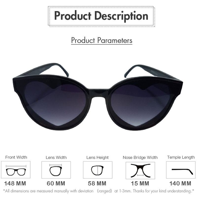 Kacamata Oval Hitam Lensa Gradasi Love / Heart Korean Fashion Sunglassess Wanita/Pria unisex Kacamata Standar Qualitas Optik Anti radiasi Dengan Fashion Sunglasses Eyewear KUV Frame Bulat Oval Kaca mata Dewasa